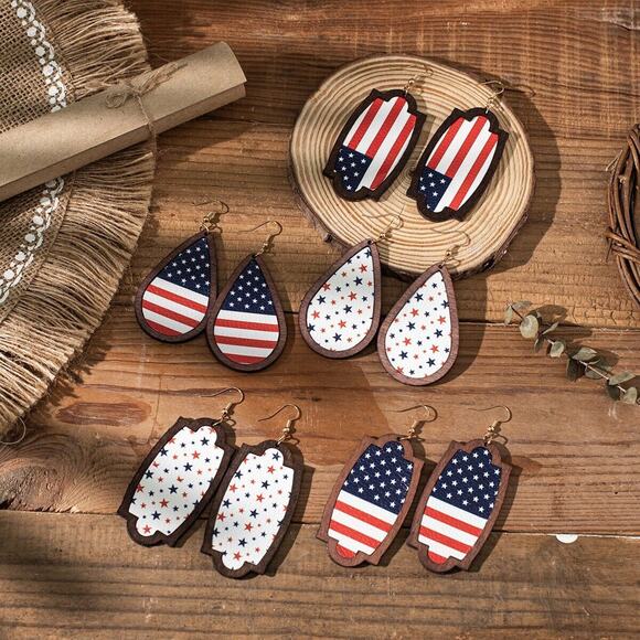 Bohemian National Flag Water Droplets Dangly Earrings 4th Stars Stripes Country - Picture 9 of 9